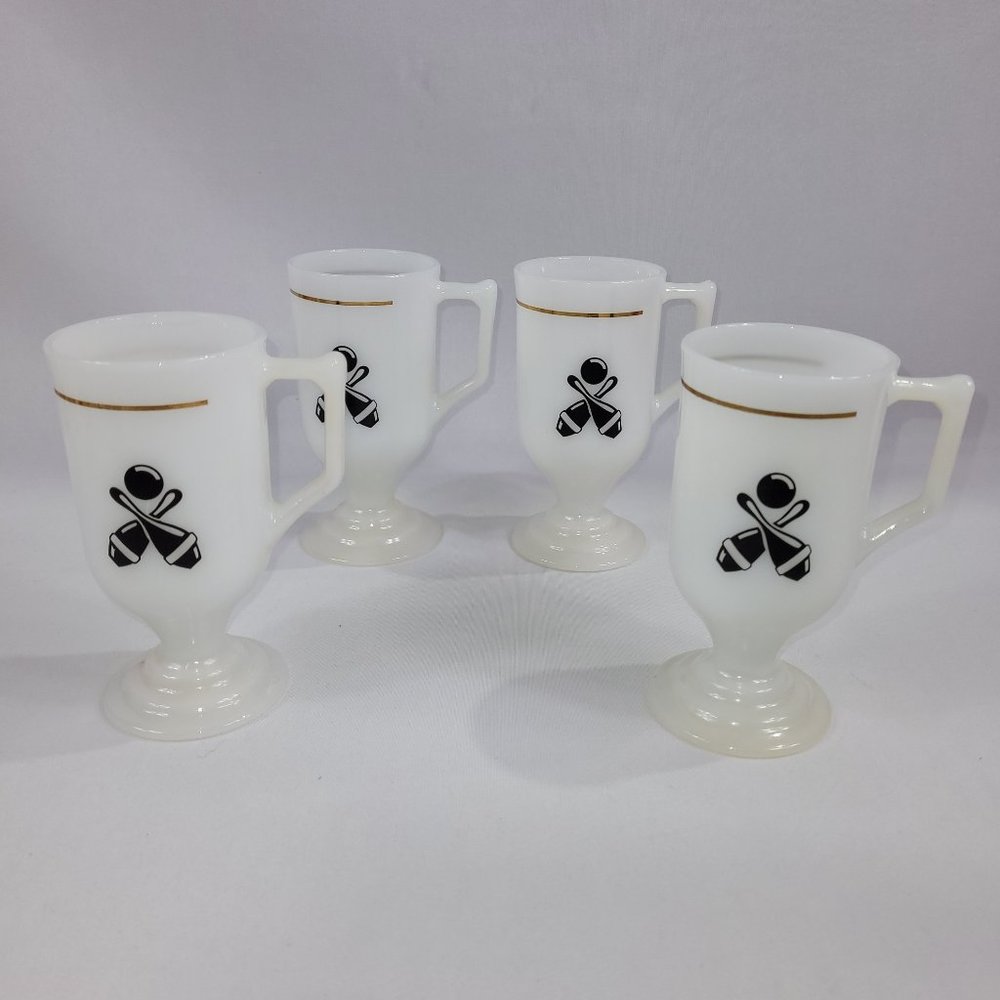 Milk Glass Mug Vintage Set 4 Bowling 5.5" Coffee Cup Black Gold Stripe